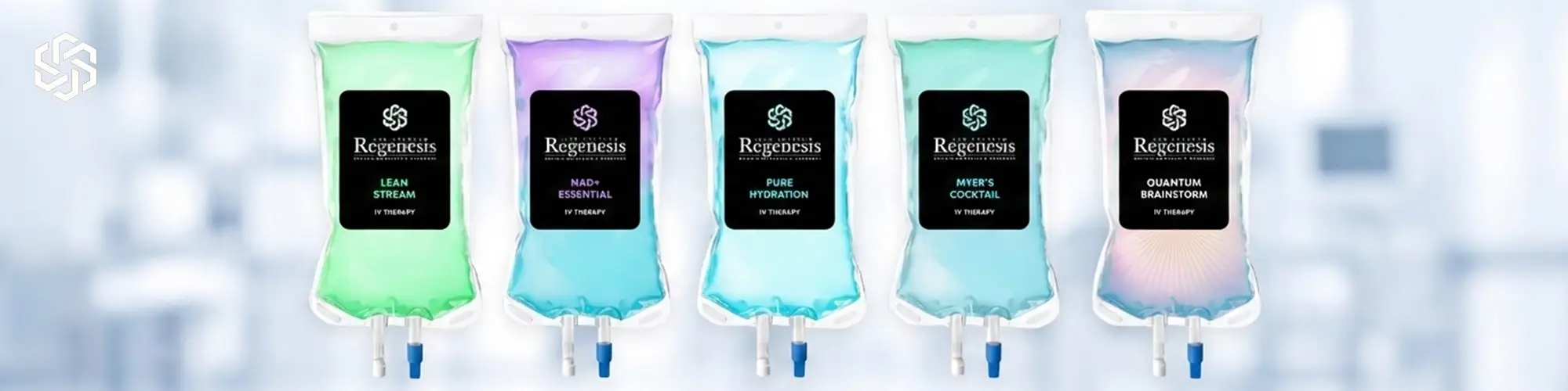IV therapy bags showing different nutrient treatments for hydration and wellness